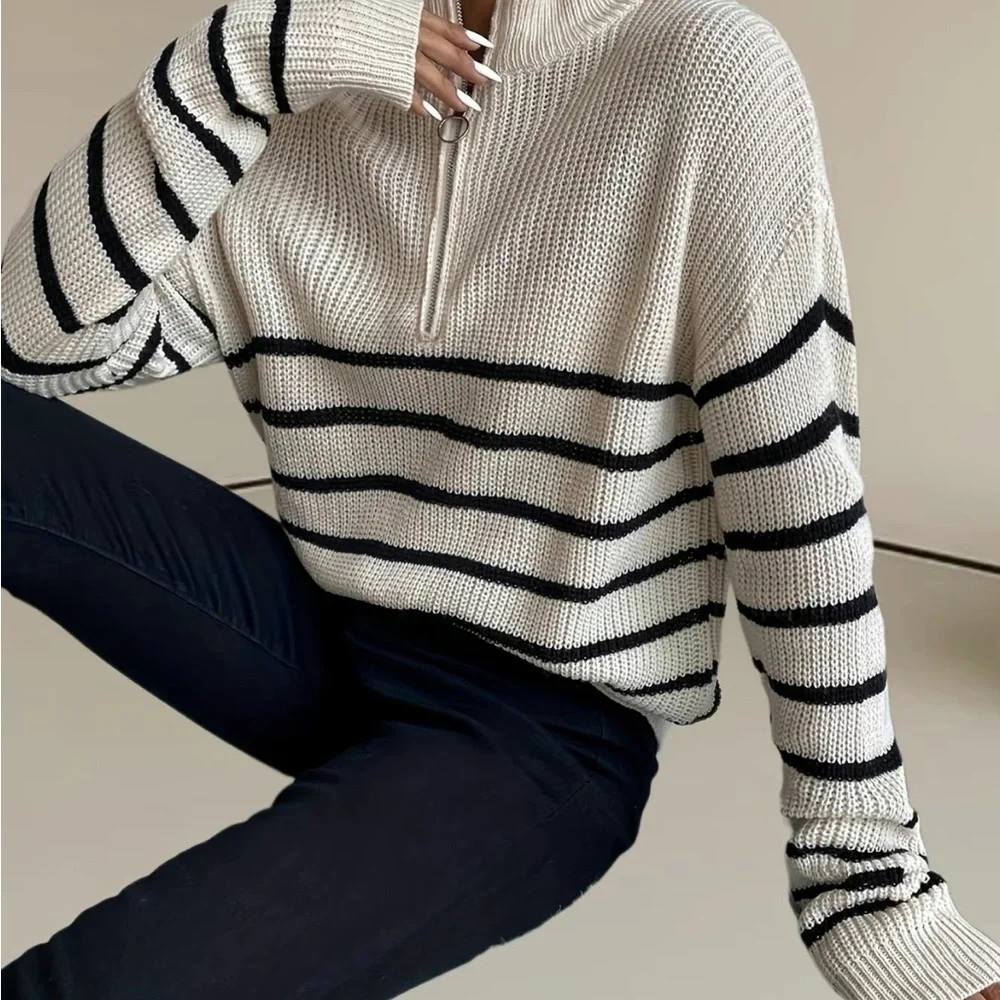 Women’s striped print half zipper sweater